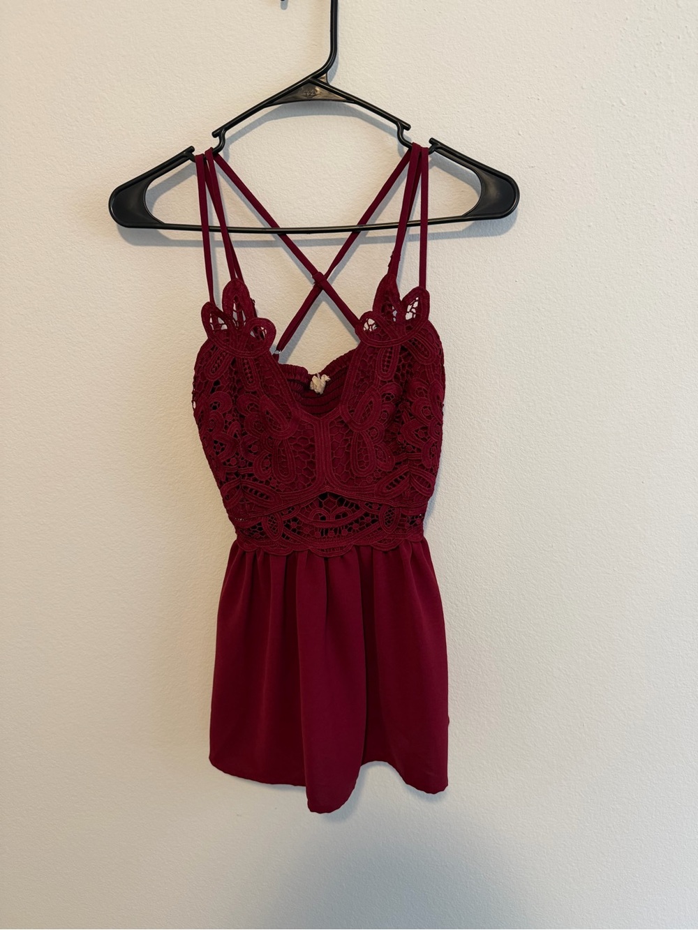 Main Strip Burgundy Lace Cami with Crisscross Straps